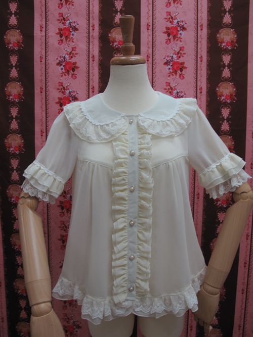Yilia - Loose Chiffon Lace Lolita Blouse XL white