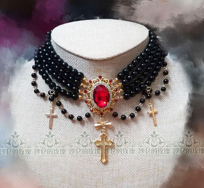 Rose of Sharon~ Classic Lolita Tiered Pearl Chain black pearl+red stone+cross pendant  