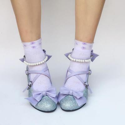 Antaina - Thin Heel Princess Lolita Shoes Plus Size 45-48 blue&purple 6.3cm heel 2 bows on front thin heel 45 (no return and exchange)