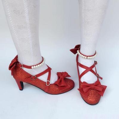 Antaina~Thin Heel Princess Lolita Shoes Plus Size 45-48 red twinkle 6.3cm heel 2 bows on front 48 374:62781