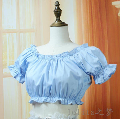 Sweet Angel~ White Black Open-shoulder Cotton Lolita Top free size light blue cotton 