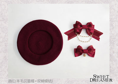 (BuyForMe) SweetDreamer~Vasiliza~Japanese Style Lolita Beret free size wine red (wool beret+2 bows) 