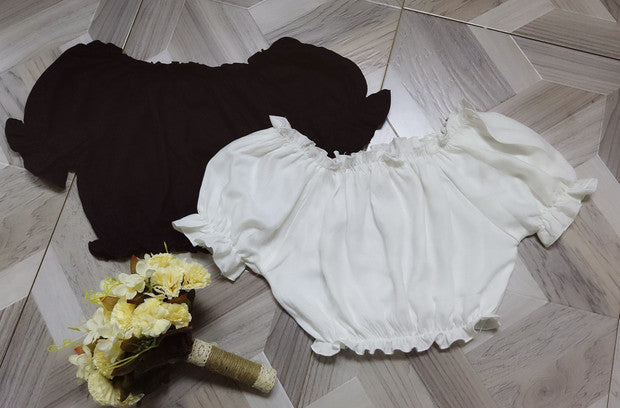 Sweet Angel - White Black Open-shoulder Cotton Lolita Top