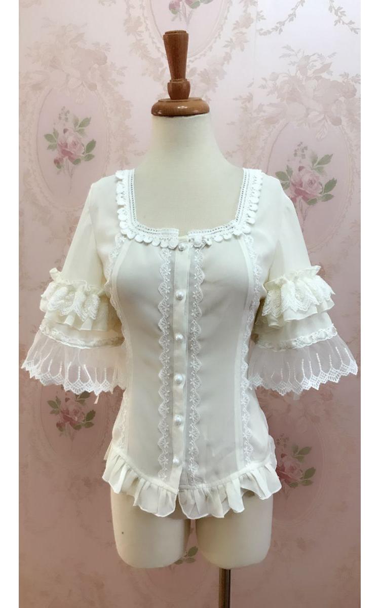 YIlia - Summer Lace Short Sleeve Lolita Blouse XS Apricot (look closer to light yellow)