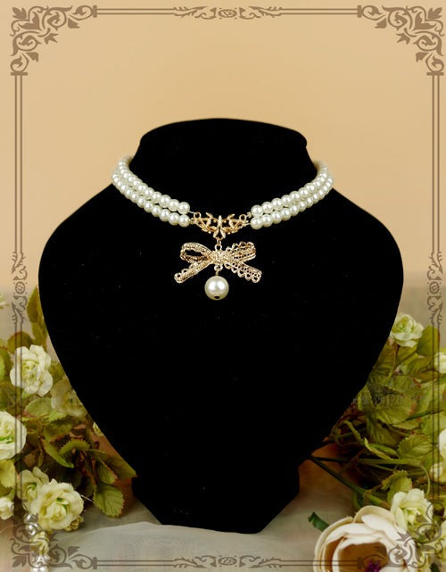 Rose of Sharon - Pearl Chain Lace Bow Lolita Kawaii Necklace double layers pearl chain