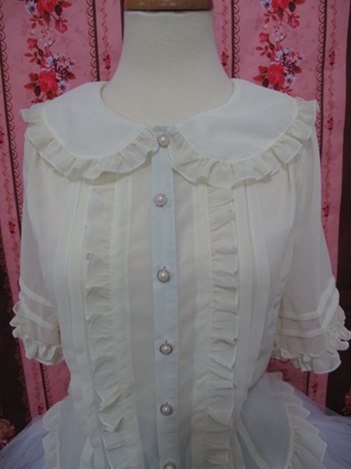 Yilia - Elegant Lolita Short Sleeve Blouse XS white