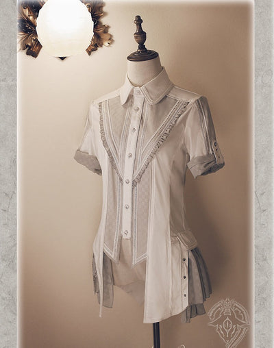 Arca et Ovis~Gothic Lolita Shirt Short Sleeve Irregular Hemline Embroidery Lolita Blouse 155/82A white and gray 