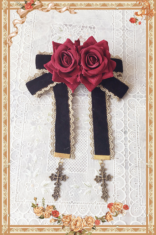 Infanta - Doll House - Sweet Lolita Accessory Bow Rose Brooch Black rose cross