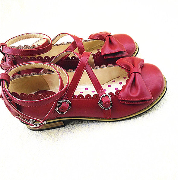 Meixie - Lovely Lolita Low Heel Cross Strap Bow Tie Princess Shoes wine red 34