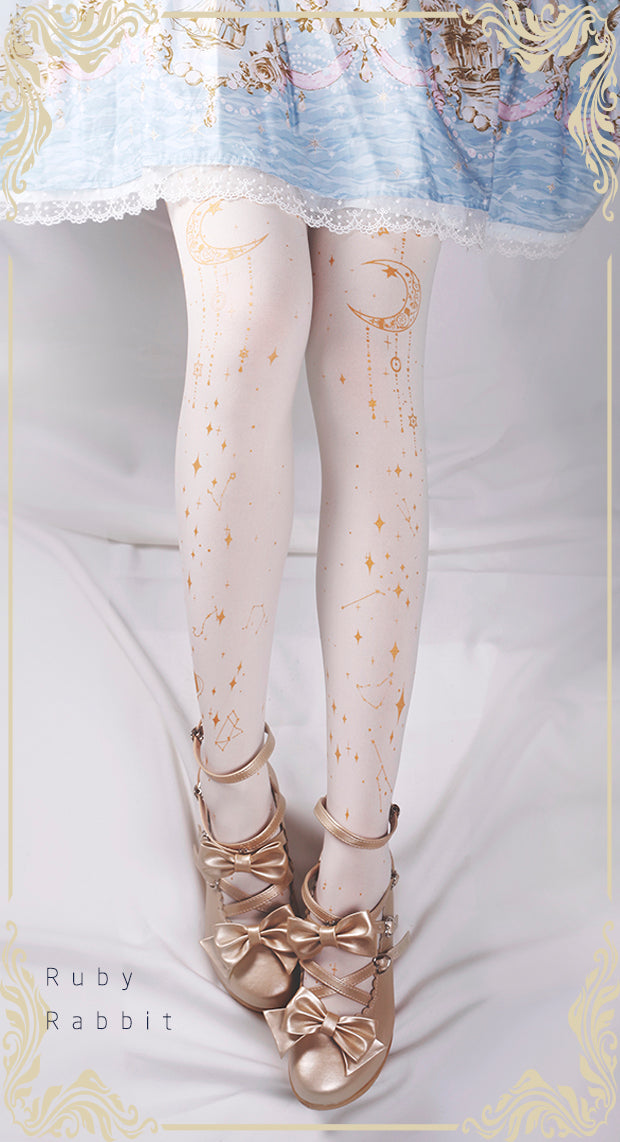 Ruby Rabbit - 120D Velvet Lolita Tights, Gold Foil Print One Size Ivory white