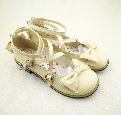 (Buyforme)Lovely Lolita Low Heel Cross Strap  Bow Tie Princess Shoes beige 34 