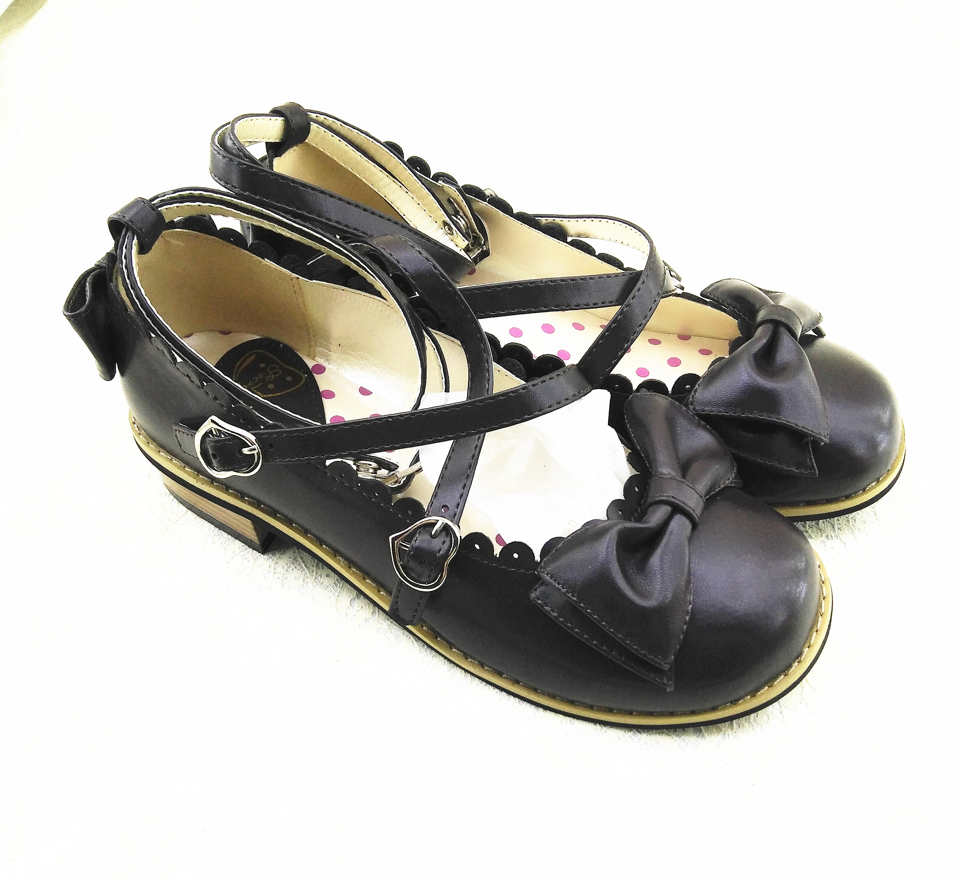 Meixie - Lovely Lolita Low Heel Cross Strap Bow Tie Princess Shoes coffee 34