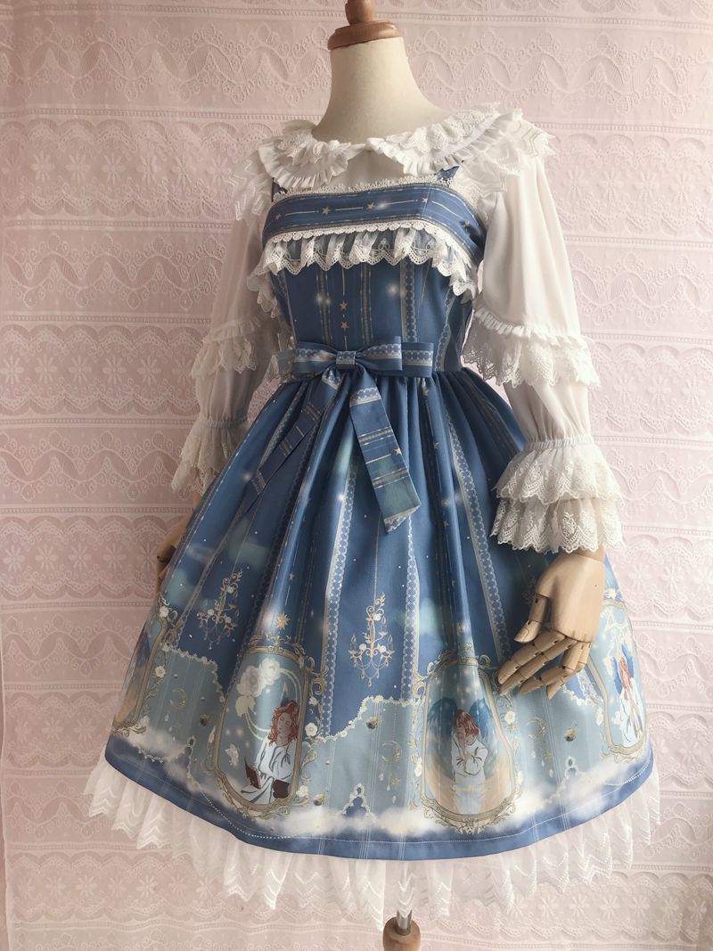 Yilia - Oriel's Blessing - Angel-themed Printed Lolita JSK M sky blue
