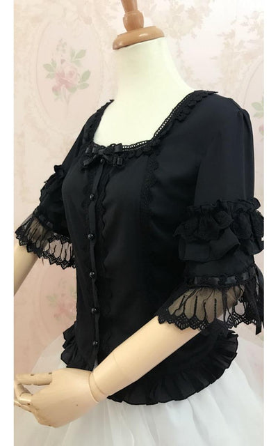 YIlia~Summer Lace Short Sleeve Lolita Blouse XS black 