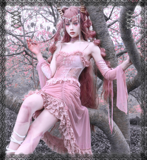 Blood Supply~Sakura Nightmare~Pink Gothic Velvet Drawstring Dress   
