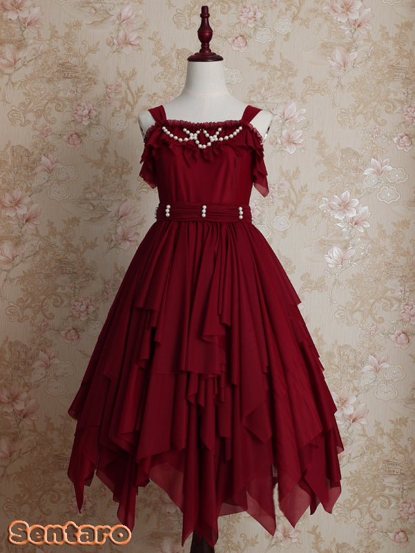 Sentaro - Little Whispers of Love - Multiple Colors Irregular Hem Lolita JSK One Size wine red