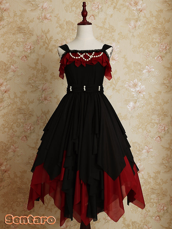 Sentaro - Little Whispers of Love - Multiple Colors Irregular Hem Lolita JSK One Size black with red(note us black or red belt you want)