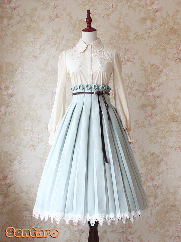 Sentaro - Warm Tea Suede - High Waist Pleated Lolita Skirt S pea green long version