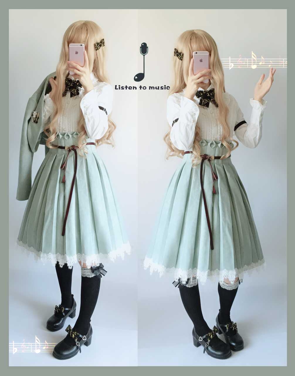 Sentaro~Warm Tea Suede~High Waist Pleated Lolita Skirt S pea green short version (L M S XL) 4106:16659