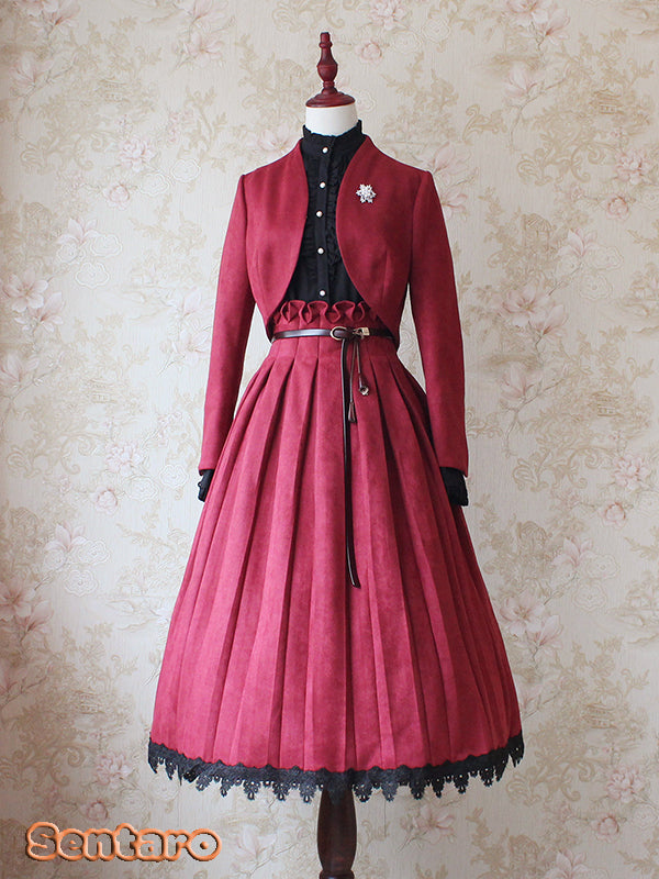 Sentaro~Warm Tea Suede~High Waist Pleated Lolita Skirt 4106:16651