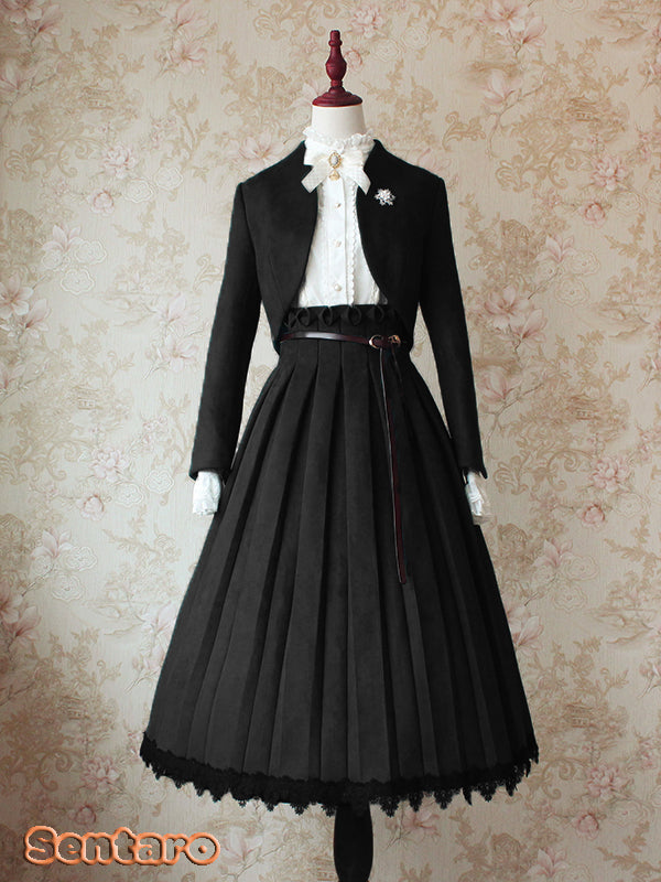 Sentaro~Warm Tea Suede~High Waist Pleated Lolita Skirt S black long version (L M S XL) 4106:16661