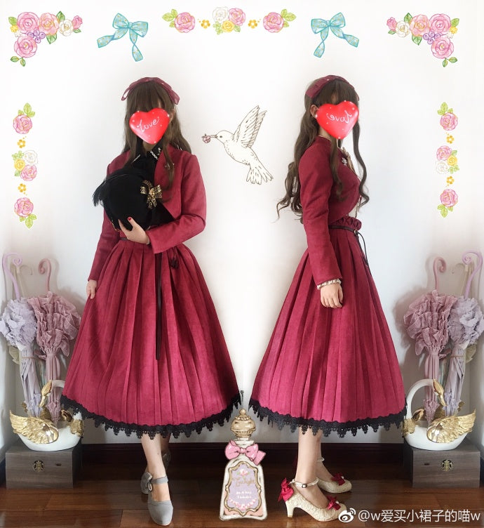 Sentaro~Warm Tea Suede~High Waist Pleated Lolita Skirt 4106:16649