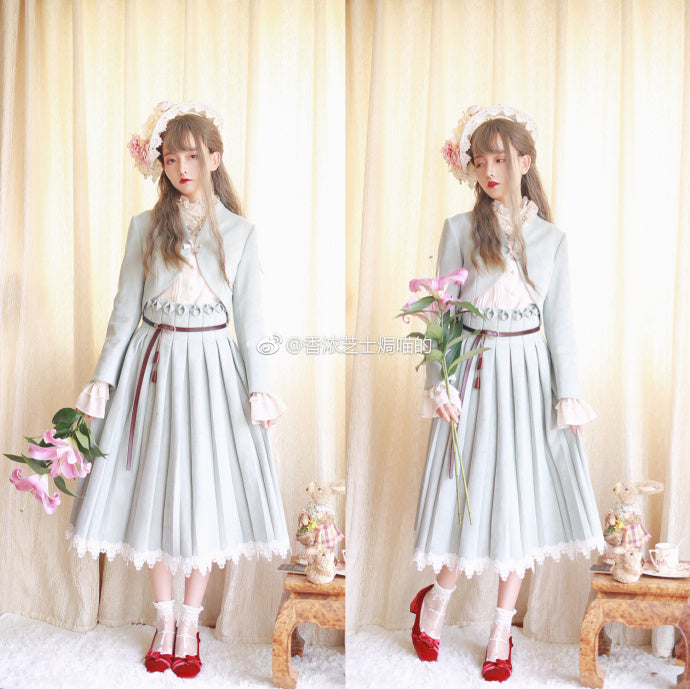 Sentaro~Warm Tea Suede~High Waist Pleated Lolita Skirt 4106:16647