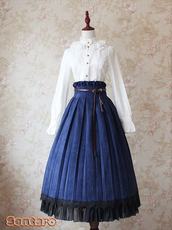 Sentaro - Warm Tea Suede - High Waist Pleated Lolita Skirt S navy blue long version