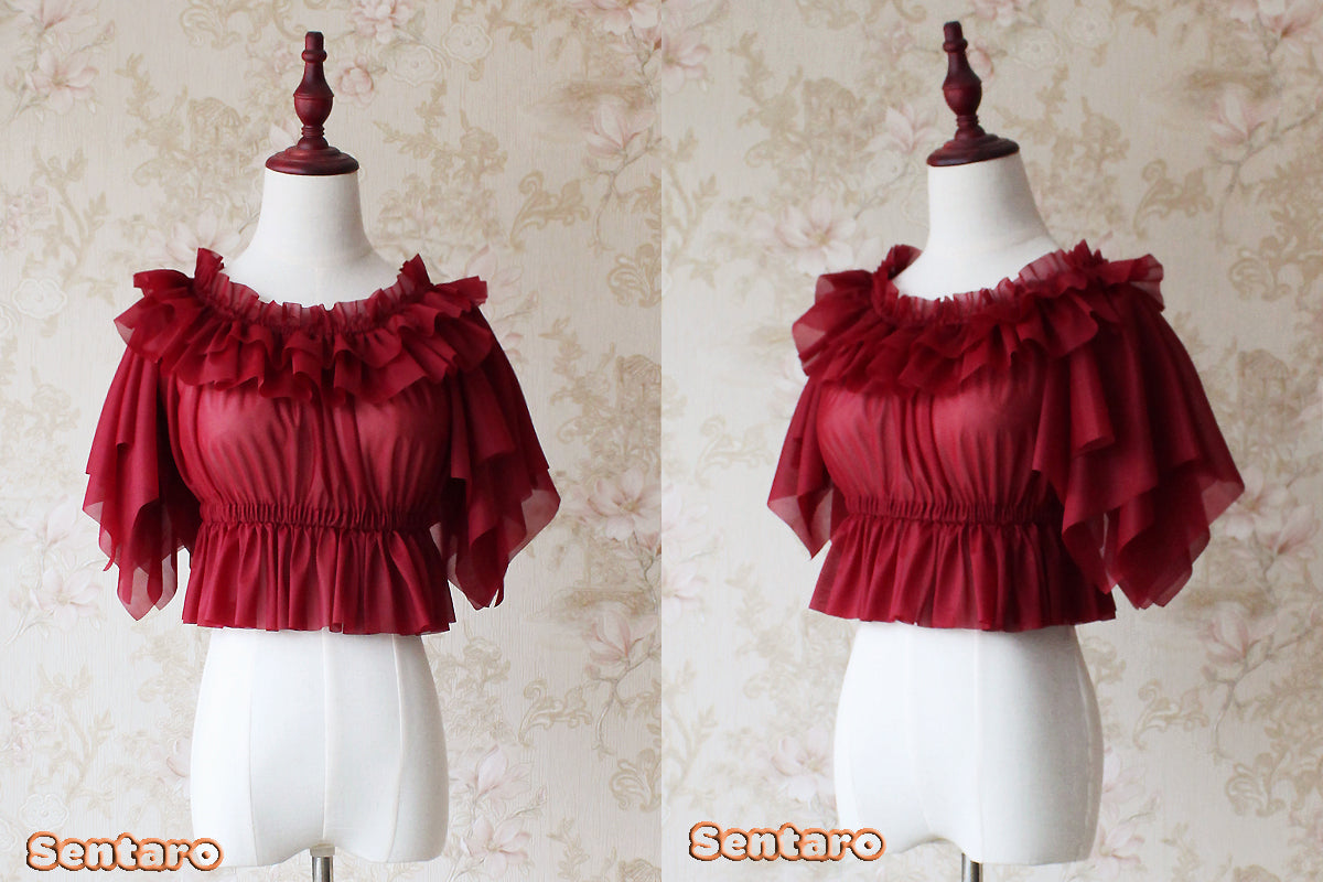 Sentaro - Butterfly Cookies - Summer Fly Sleeves Lolita Chiffon Blouse One Size Wine red - in stock