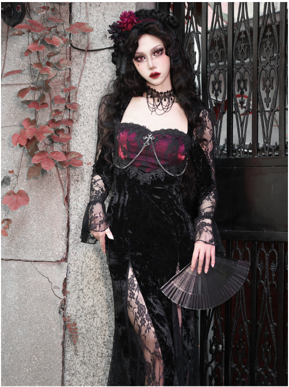 Blood Supply - Rose Cemetery - Dark Red Velvet Mermaid Gothic Lolita Dress