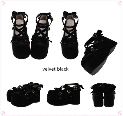 (Buy for me)Sheep Puff~ Sweet Lolita Bow Platform Shoes Multicolors 34 velvet black 