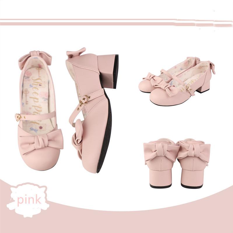 Sheep Puff~Elegant Lolita Bownot Retro High Heel Shoes 34 pink matte PU 