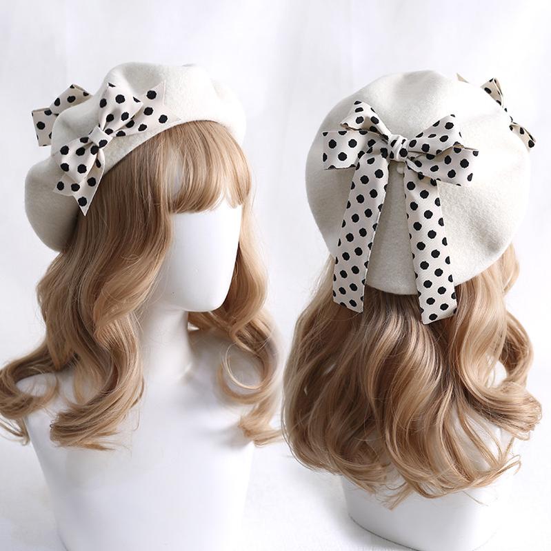Xiaogui - Sweet Lolita Red Polka Dots Bow Beret Hat M(56-58cm) white