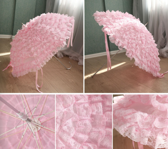 European Retro Palace Style Double-Layered Lace Tassel Pink Lolita Parasol   