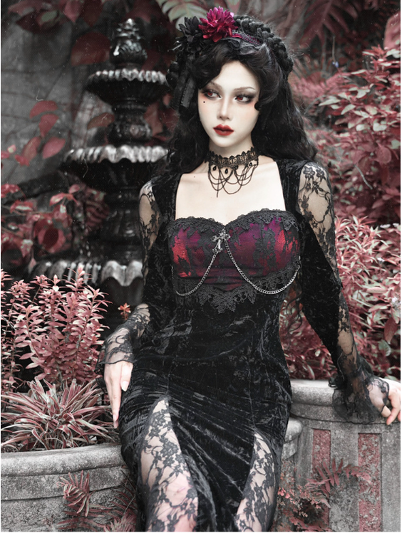 Blood Supply - Rose Cemetery - Dark Red Velvet Mermaid Gothic Lolita Dress