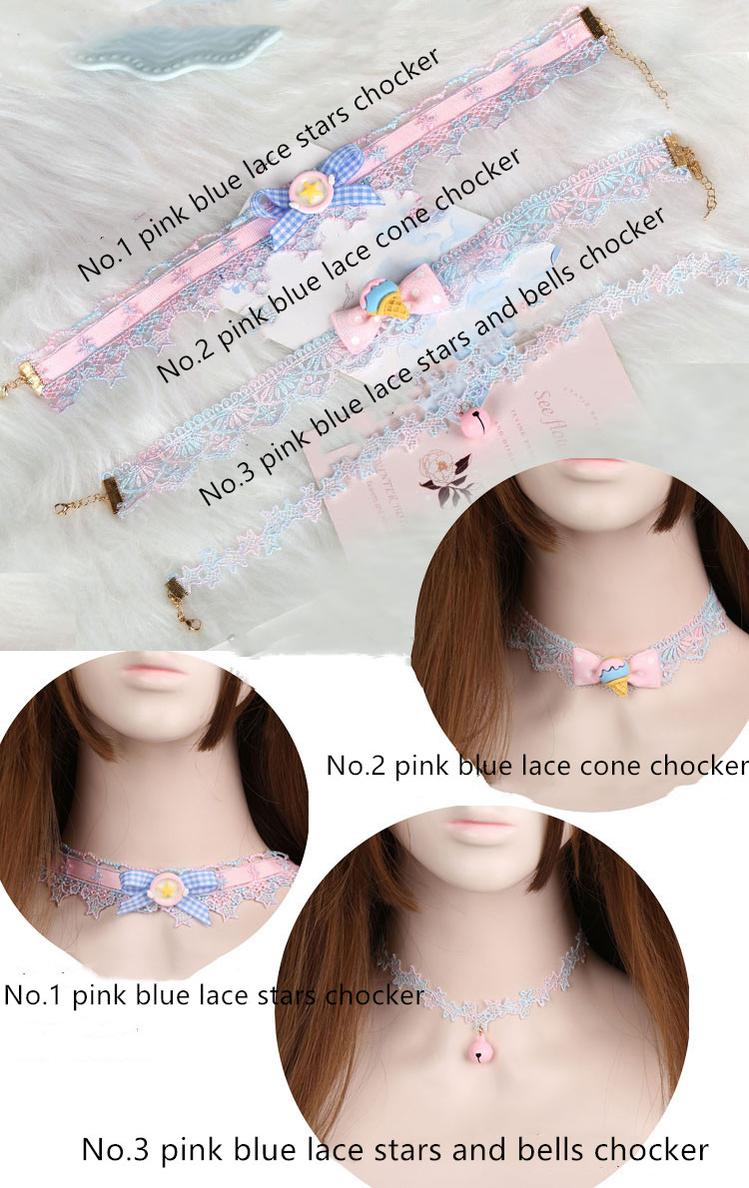 Manmeng - Pink and Blue Sweet Lolita Bow Headwear No.1 pink blue lace stars chocker