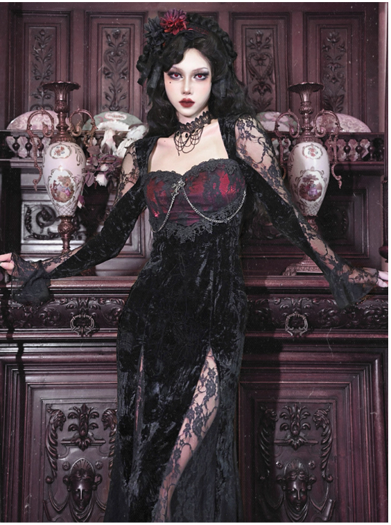 Blood Supply - Rose Cemetery - Dark Red Velvet Mermaid Gothic Lolita Dress