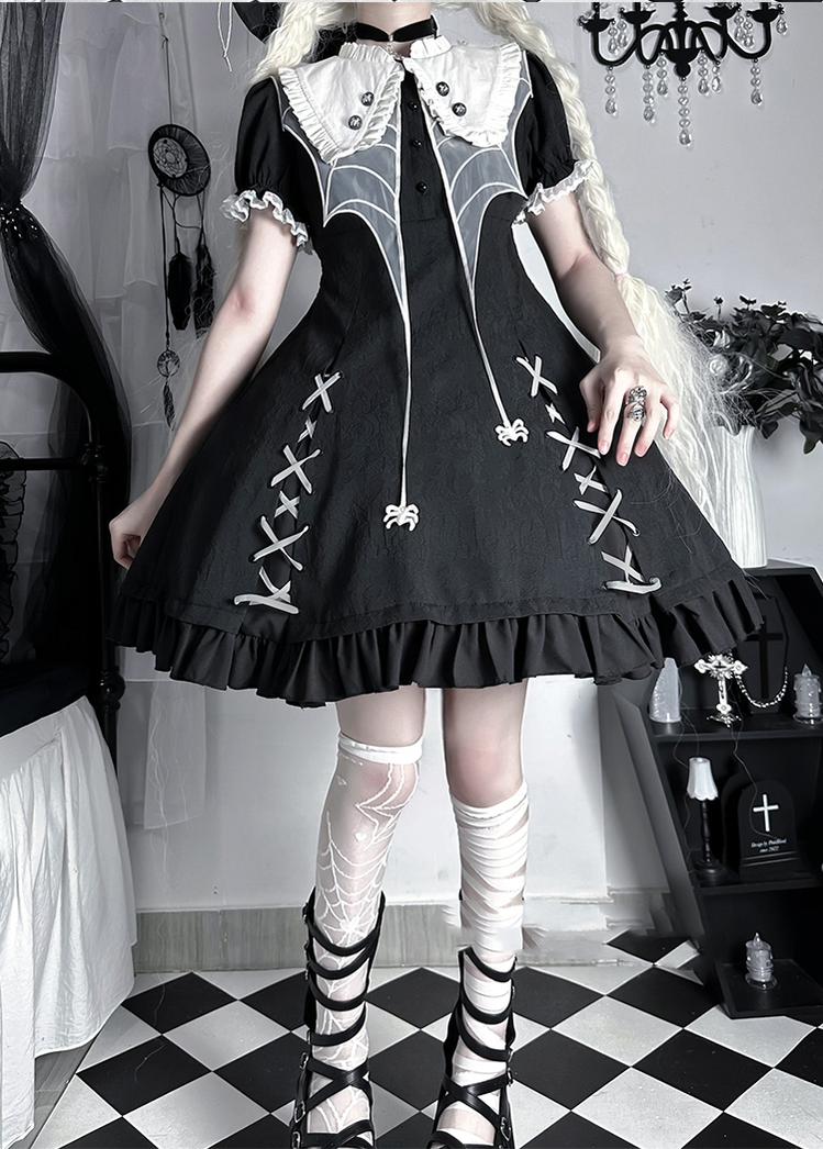 ZhiJinYuan - Spider Witch - Gothic Lolita Dark-theme Cobweb Unique OP S OP + Detachable Sleeves