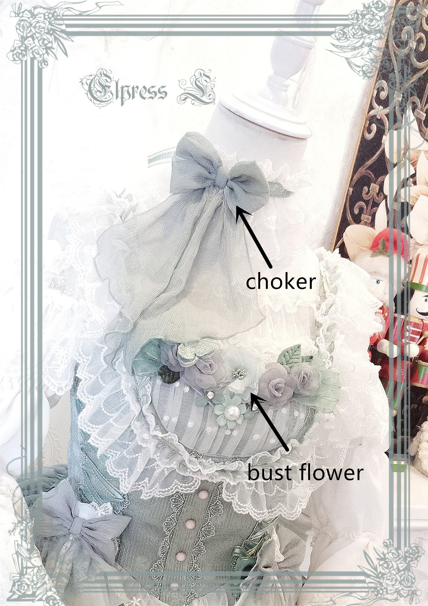 Elpress L~3D Flower Lolita Hairband Cuff Brooch Multicolors dark green bust flower (choker) 2992:30423