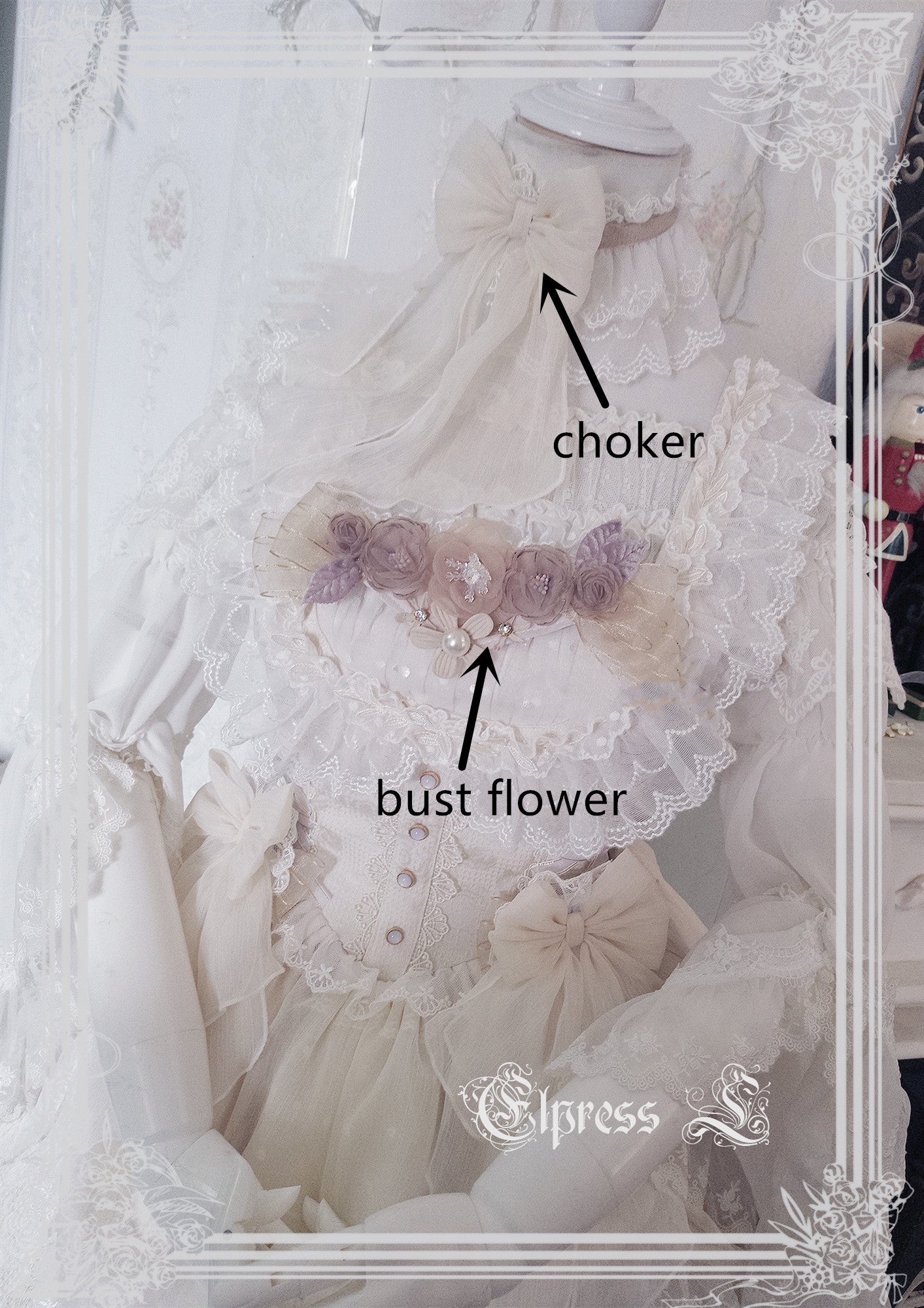Elpress L~3D Flower Lolita Hairband Cuff Brooch Multicolors ivory bust flower (ivory / choker) 2992:30425