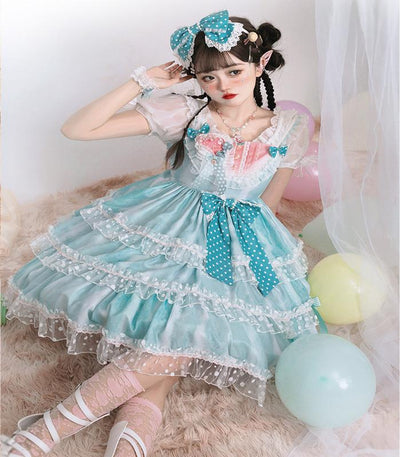 Red Maria~Sweet Lolita Kawaii Melon Green Flounce Dress   