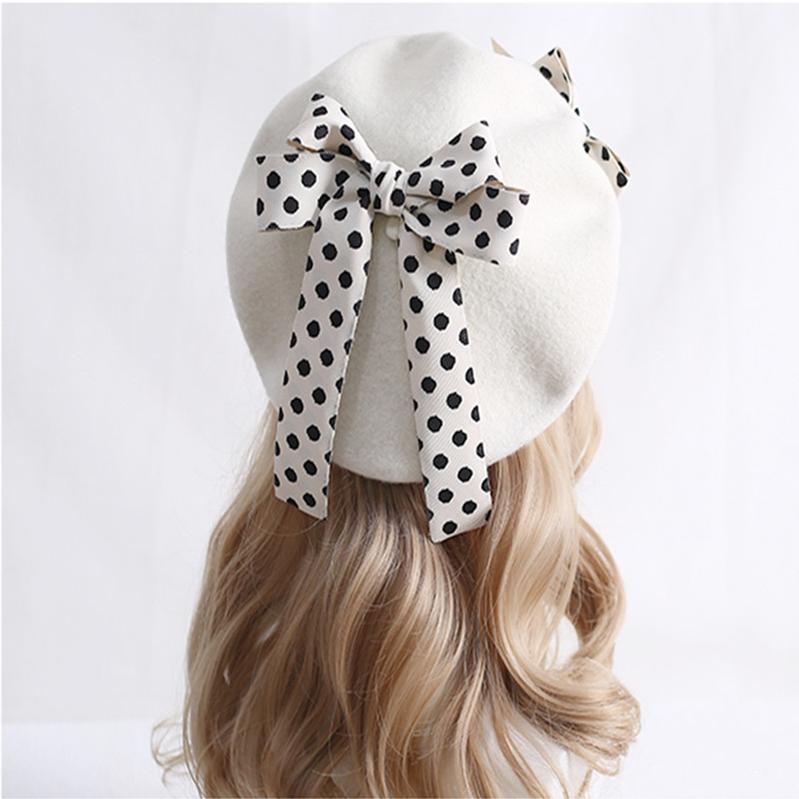 Xiaogui - Sweet Lolita Red Polka Dots Bow Beret Hat