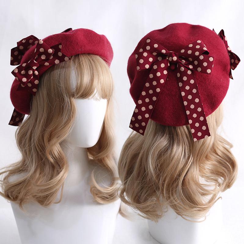 Xiaogui - Sweet Lolita Red Polka Dots Bow Beret Hat M(56-58cm) burgundy