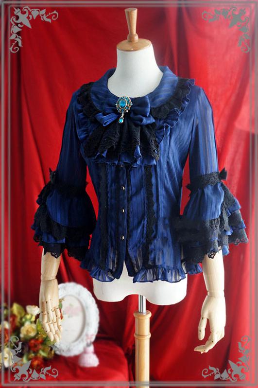 Strawberry Witch~Flower Wedding White Dark Blue Blouse S dark blue (brooch on the collar is random sent) 