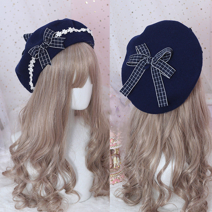 Xiaogui - Sweet and Lovely Daisy Bowknot Woolen Beret Navy blue grid bow+navy blue beret+clips One Size