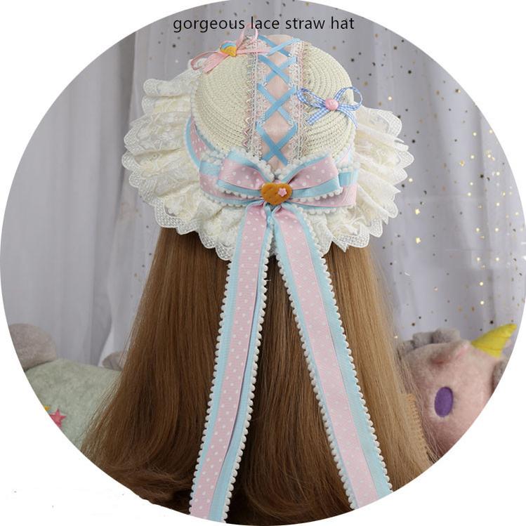 Manmeng - Pink and Blue Sweet Lolita Bow Headwear gorgeous lace straw hat