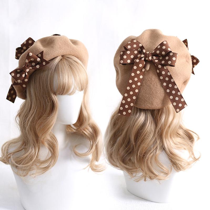 Xiaogui - Sweet Lolita Red Polka Dots Bow Beret Hat M(56-58cm) khaki
