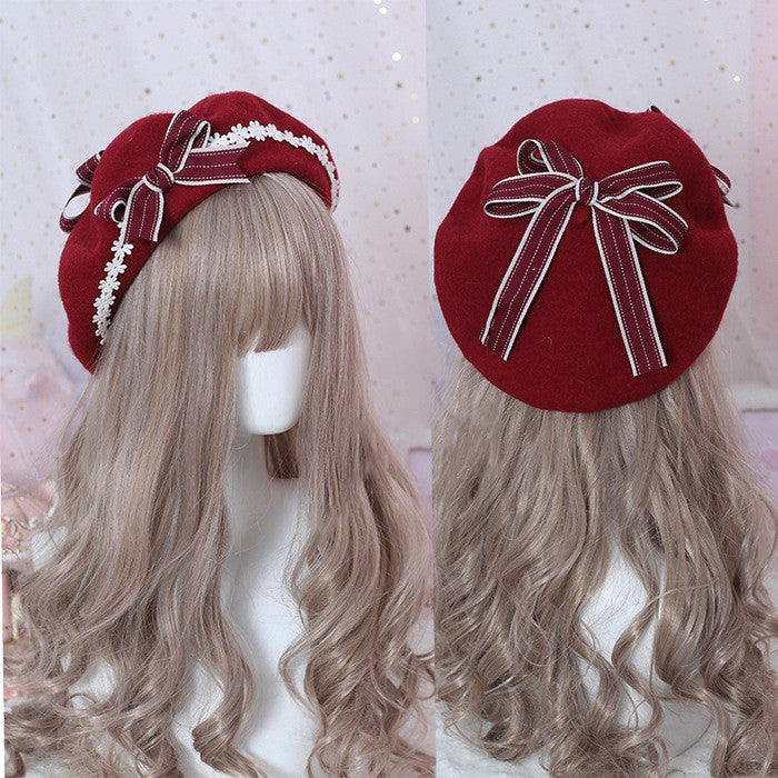 Xiaogui - Sweet and Lovely Daisy Bowknot Woolen Beret Wine red bow+wine red beret+clips One Size