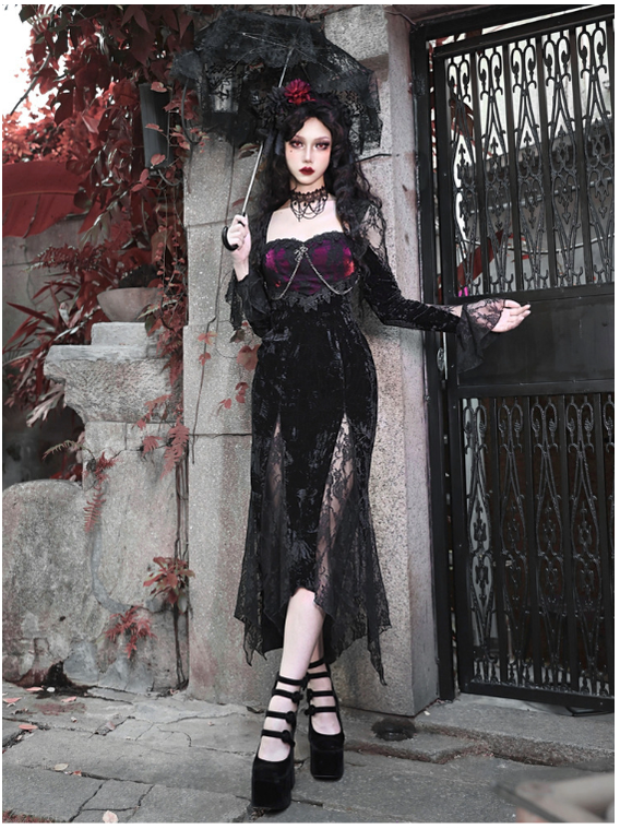 Blood Supply - Rose Cemetery - Dark Red Velvet Mermaid Gothic Lolita Dress