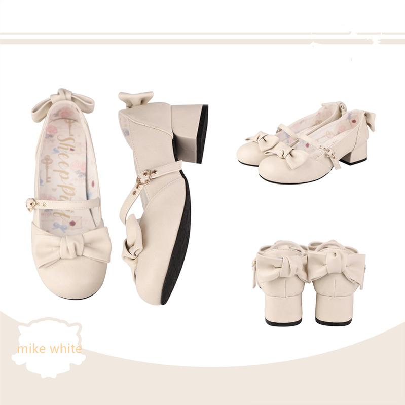 Sheep Puff - Elegant Lolita Bownot Retro High Heel Shoes 34 milk white (make-old texture fabric)